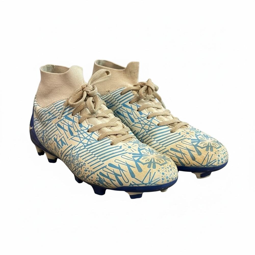 Kids Soccer Cleats Size 4 Youth EU 36 Blue Tan Graphic Lace Up Mid Top Cleats